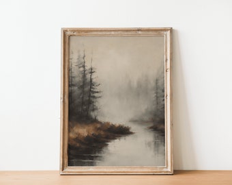 Sombere landschap print, vintage olieverfschilderij, vijver in het bos, digitale muurkunst
