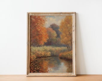 Herfst landschap print, vintage olieverfschilderij, rustiek decor, digitale muurkunst