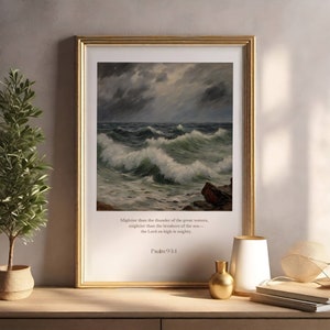 Psalm 93:4, Christian Wall Decor, Bible Verse, Christian Poster, Minimalist Wall Design, Waves Oil Painting, Vintage