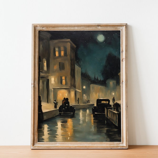 Vintage city painting, City at night, Atmospheric wall poster, Digital wall art