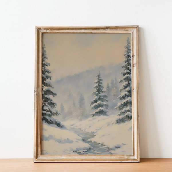 Winterlandschaft Print, Weihnachtliches Dekor, Vintage Art, Verschneite Wälder