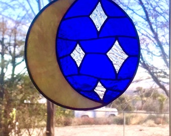 Celestial Scene, Moon and Stars Stained Glass Sun Catcher Window Hanging
