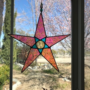 Stained Glass Sun Catcher Star , Dichroic and Turquoise Glass Window Hanging