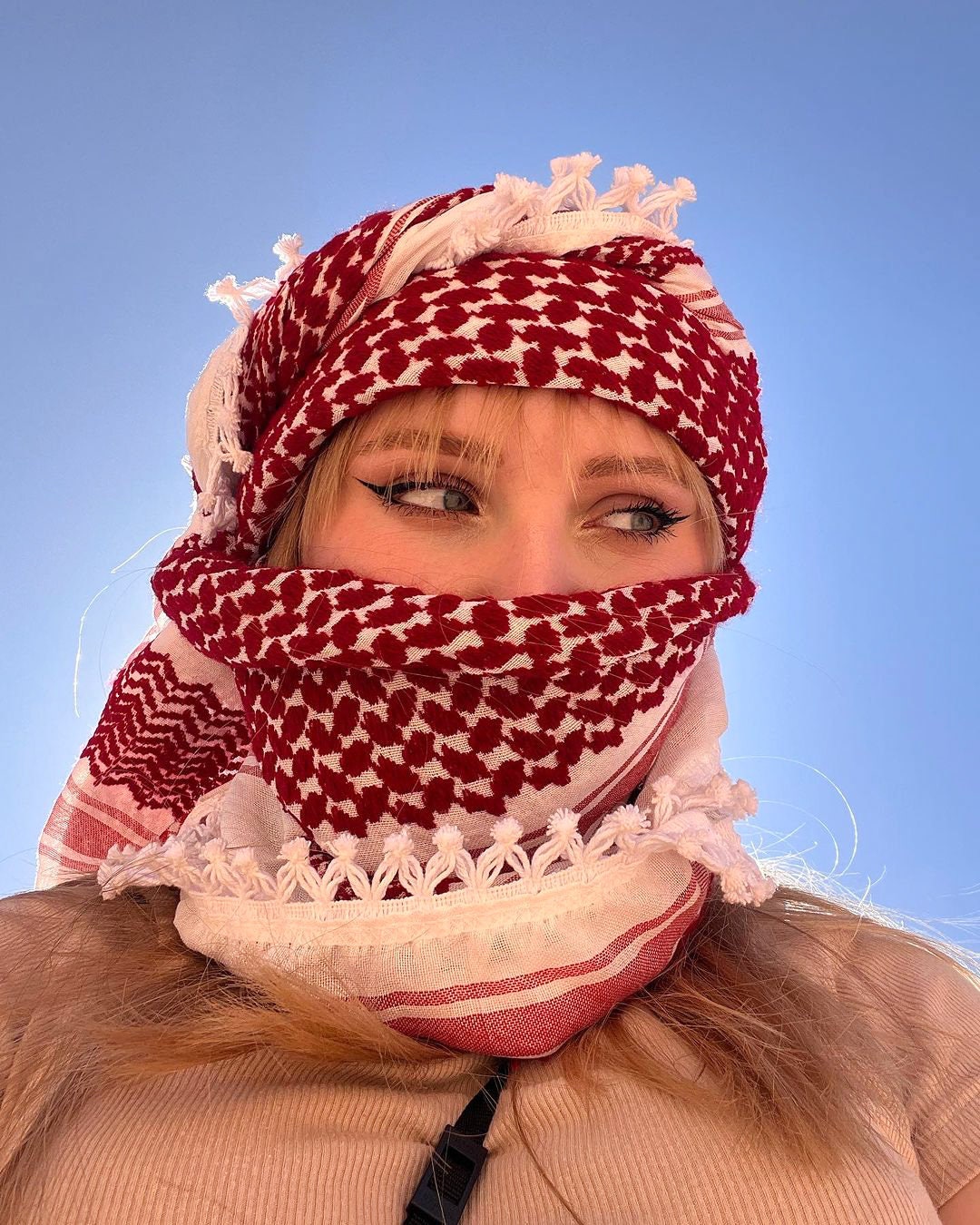 Sciarpa Araba Shemagh Keffiyeh Palestina Rosso Su Bianco - Foto 4