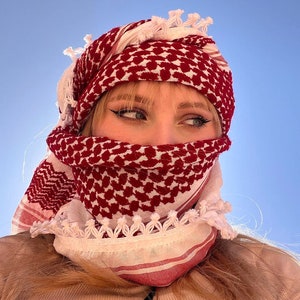 Palestinian Keffiyeh Scarf: White & Red Shemagh with Tassels