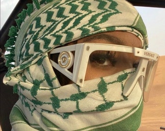 Palestinian Keffiyeh Shemagh Scarf, Green White Hirbawi Traditional Shemagh With Tassels arafat hatta Arab Headscarf, Free Palestine Gift