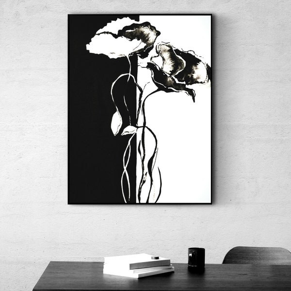 Art Pour Salon Coquelicot Art en Impression Chambre Fleurs Art Mural en Encre Peinture Encre Coquelicot Poster Art Impression Noir et Blanc