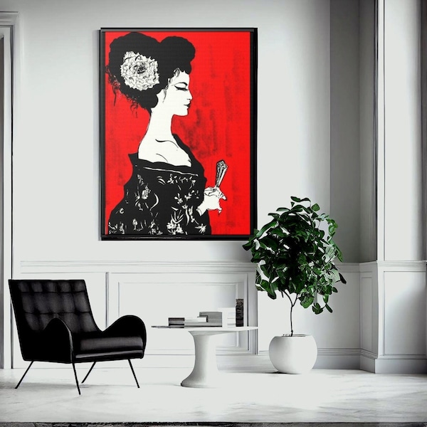 Art Mural Portrait Peinture GEISHA Encre Tableau  Premium Encadré Vertical Poster ART Impression Idée Cadeau Unique Art Esthétique