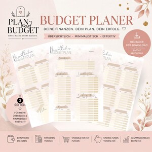 Peut inclure: Un modèle de planificateur budgétaire numérique comprenant trois pages avec une palette de couleurs beige et rose poudré. Le texte inclut "PLAN AND BUDGET," "BUDGET PLANER," "DEINE FINANZEN. DEIN PLAN. DEIN ERFOLG," "ÜBERSICHTLICH," "MINIMALISTISCH," "EFFEKTIV," et "DIGITALER PDF DOWNLOAD."