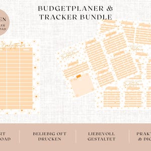 May include: A budget planner and tracker bundle featuring four pages with peach-colored tables, grids, and floral accents. The text reads BUDGETPLANER & TRACKER BUNDLE, 4 SEITEN DIGITALER DOWNLOAD, SOFORT DOWNLOAD, BELIEBIG OFT DRUCKEN, LIEBEVOLL GESTALTET, PRAKTISCH & DIGITAL.