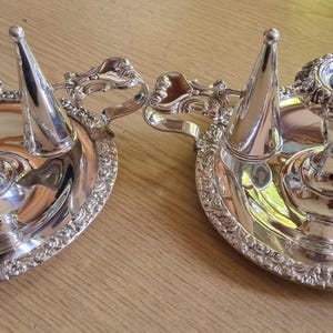Pair Regency silver plated chambersticks with snuffers by Joseph Willmore 1807
