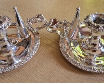 Pair Regency silver plated chambersticks with snuffers by Joseph Willmore 1807