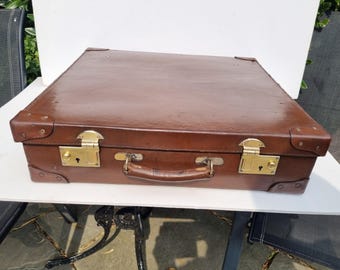 Antique dark brown leather suitcase 18" x 16" in excellent condition c 1920.