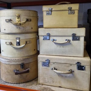 Selection of 6 antique vellum leather hat boxes