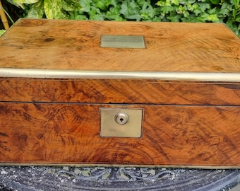 Antique figured walnut writing box with brass edging 16" x 10" x 7"