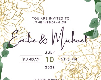 Descarga digital* Floral dorada con hojas verdes Invitación de boda