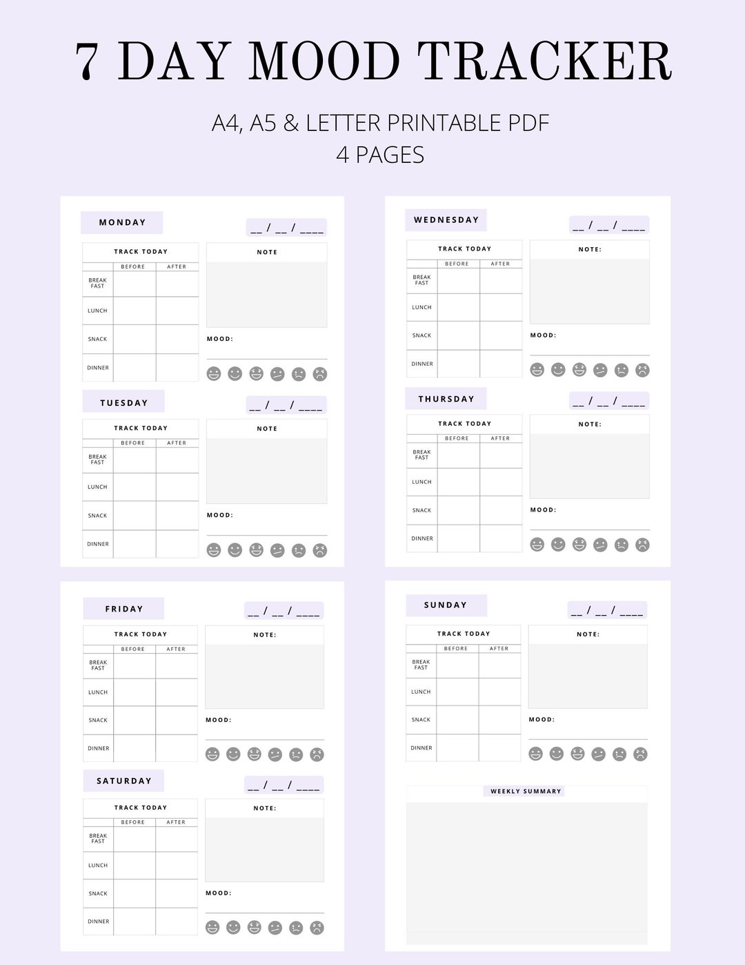 PRINTABLE Purple Daily Mood Tracker, Mental Health Reflection, Mood