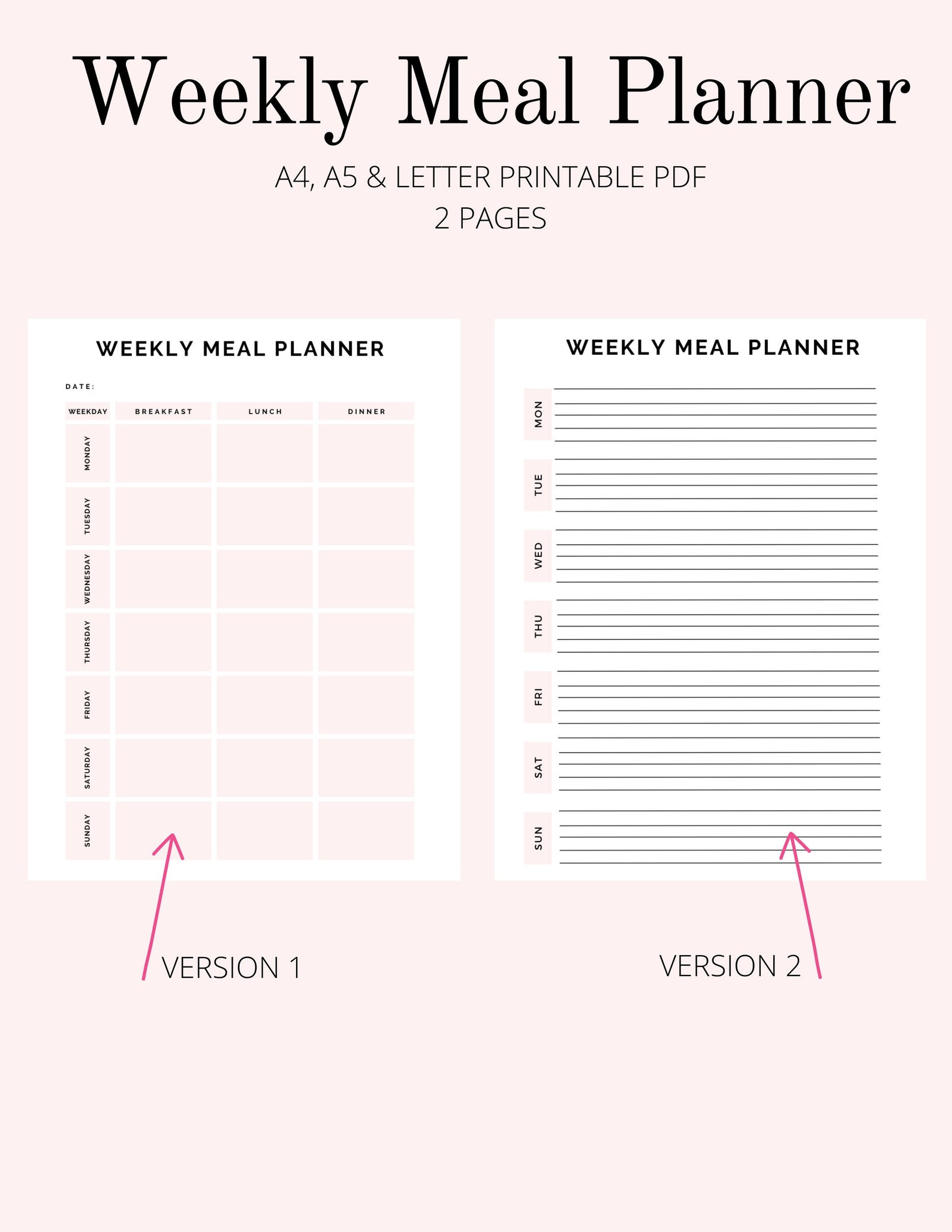 PRINTABLE Pink Weekly Meal Planner Worksheets Healthy Food - Etsy