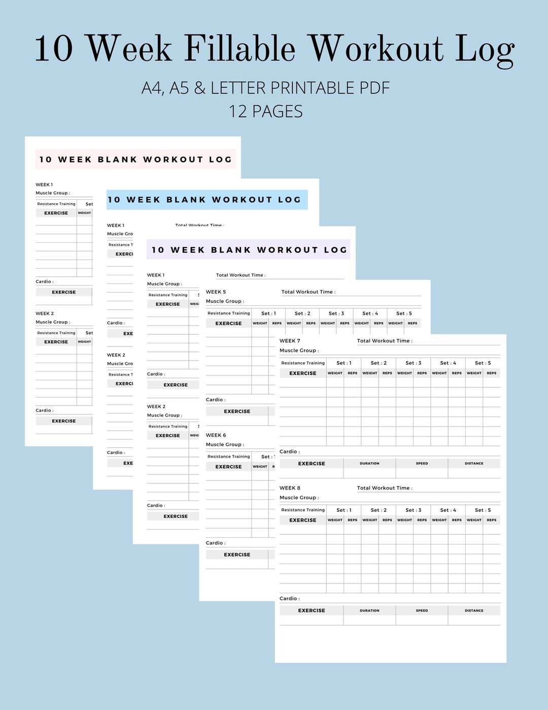 PRINTABLE 10 Week Workout Log, Lifting & Training Log, Fitness and