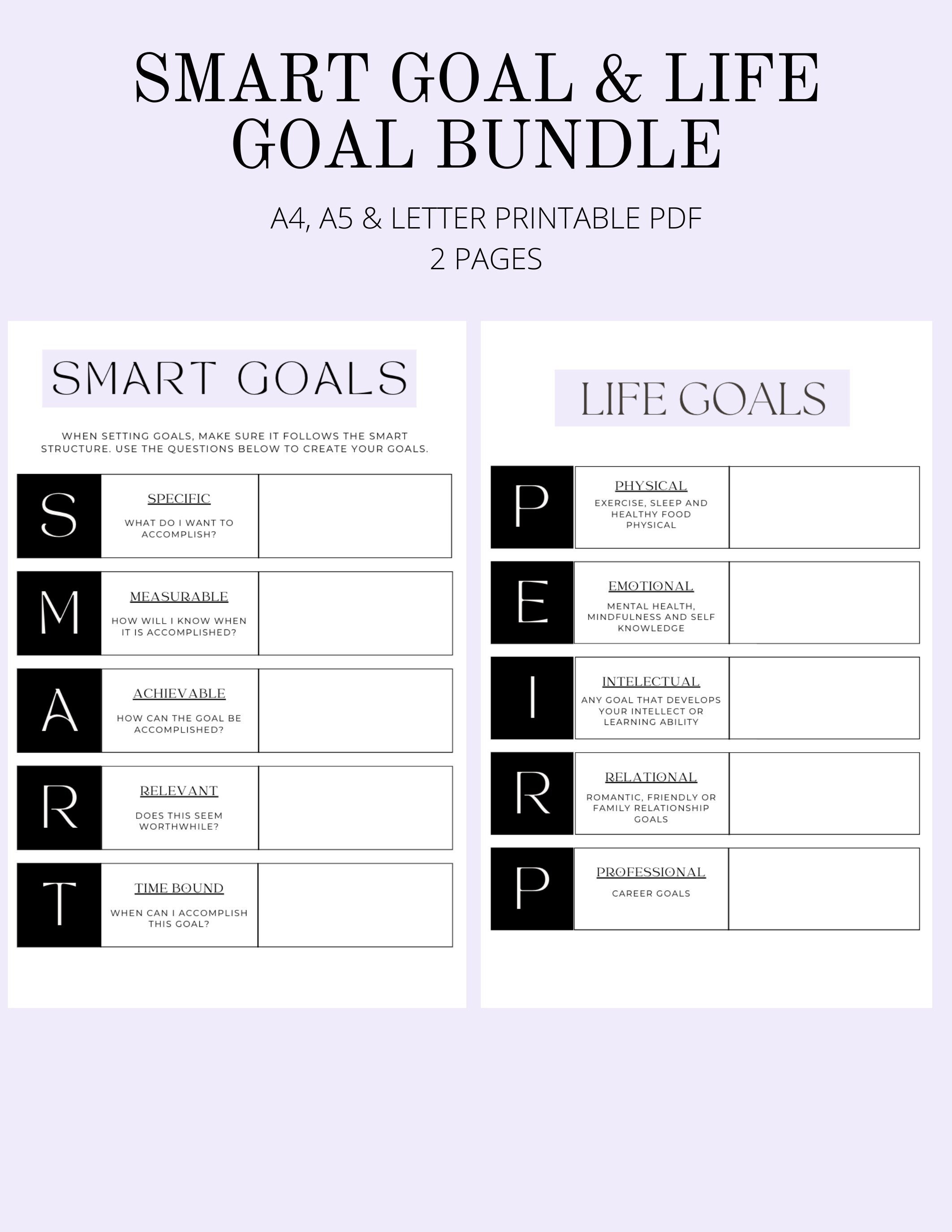 PRINTABLE Purple Life Goal Worksheet SMART Goal Tracker A4 / - Etsy