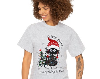 Funny Black Cat Christmas Tree T-Shirt: I'm Fine Unisex Tee