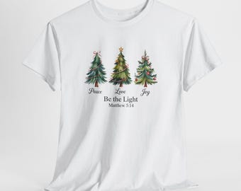 Christmas Tree Peace Love Joy T-Shirt, Matthew 5:14 Be the Light Holiday Religious Christian Shirt