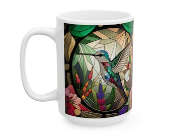 Stained Glass Hummingbird Mug: Floral Ceramic Coffee Cup