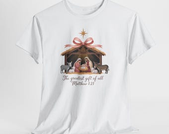 Christmas Nativity T-shirt, Matthew 1:21 Bible Verse Religious Tee Christian Clothing