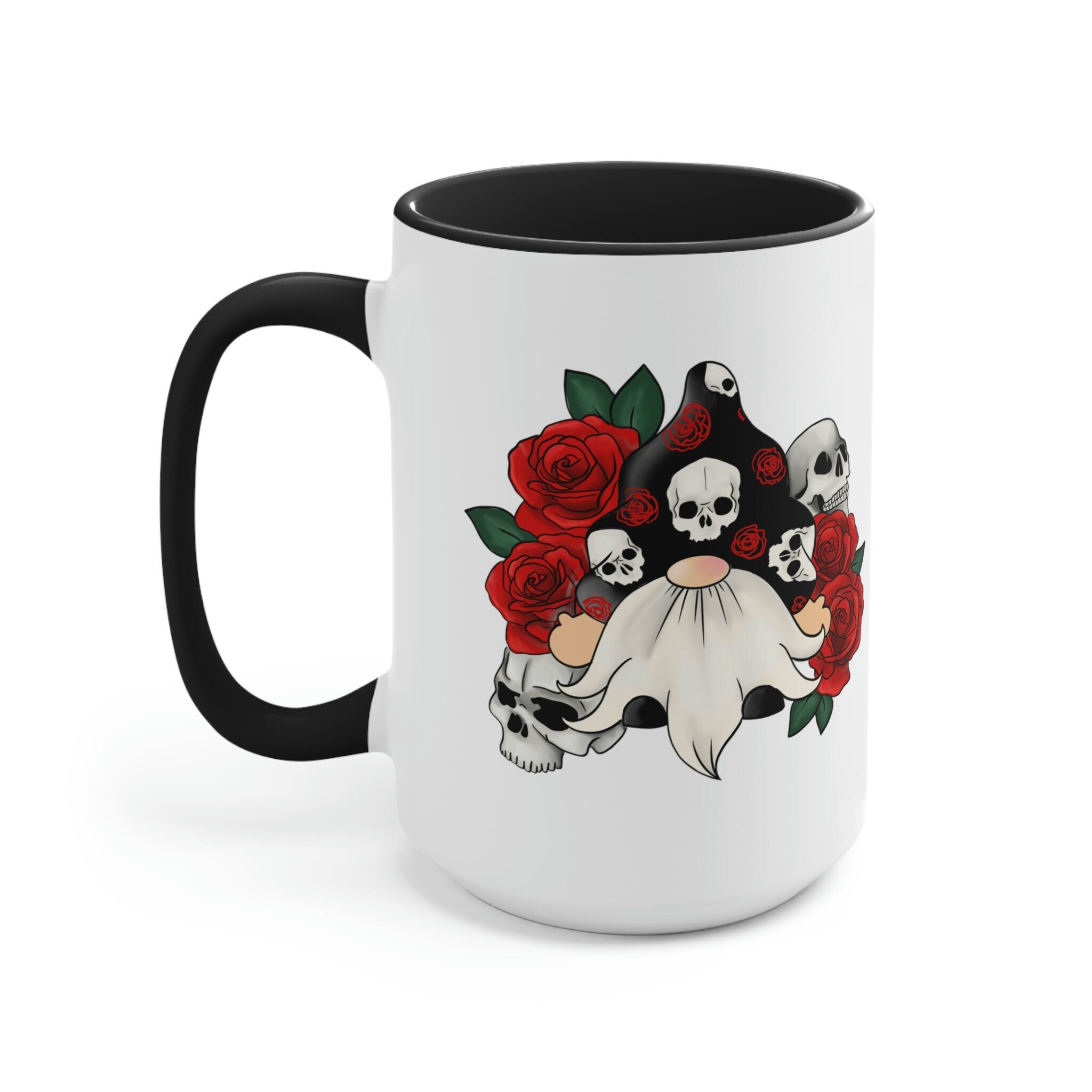 Skulls and Roses Gothic Gonk Gnome Coffee Mug, 15oz  Goth Gothic Gonk Gnome Coffee Mug Cup