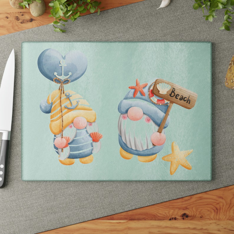 Gnome Glass Cutting Board, Gnomes Cutting Board, Beach Gnomes, Nautical