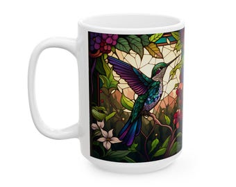 Stained Glass Hummingbird Mug: Floral Ceramic Coffee Cup
