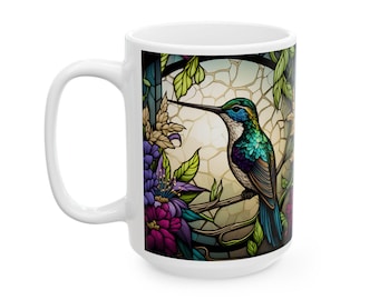 Stained Glass Hummingbird Coffee Mug: Floral Ceramic Gift