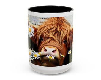 Highland Cow and Daisies Coffee Mug: Farmhouse Kitchen Decor
