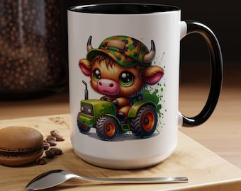 Camo Highland Cow Tractor Mug: Farmhouse Kitchen Decor