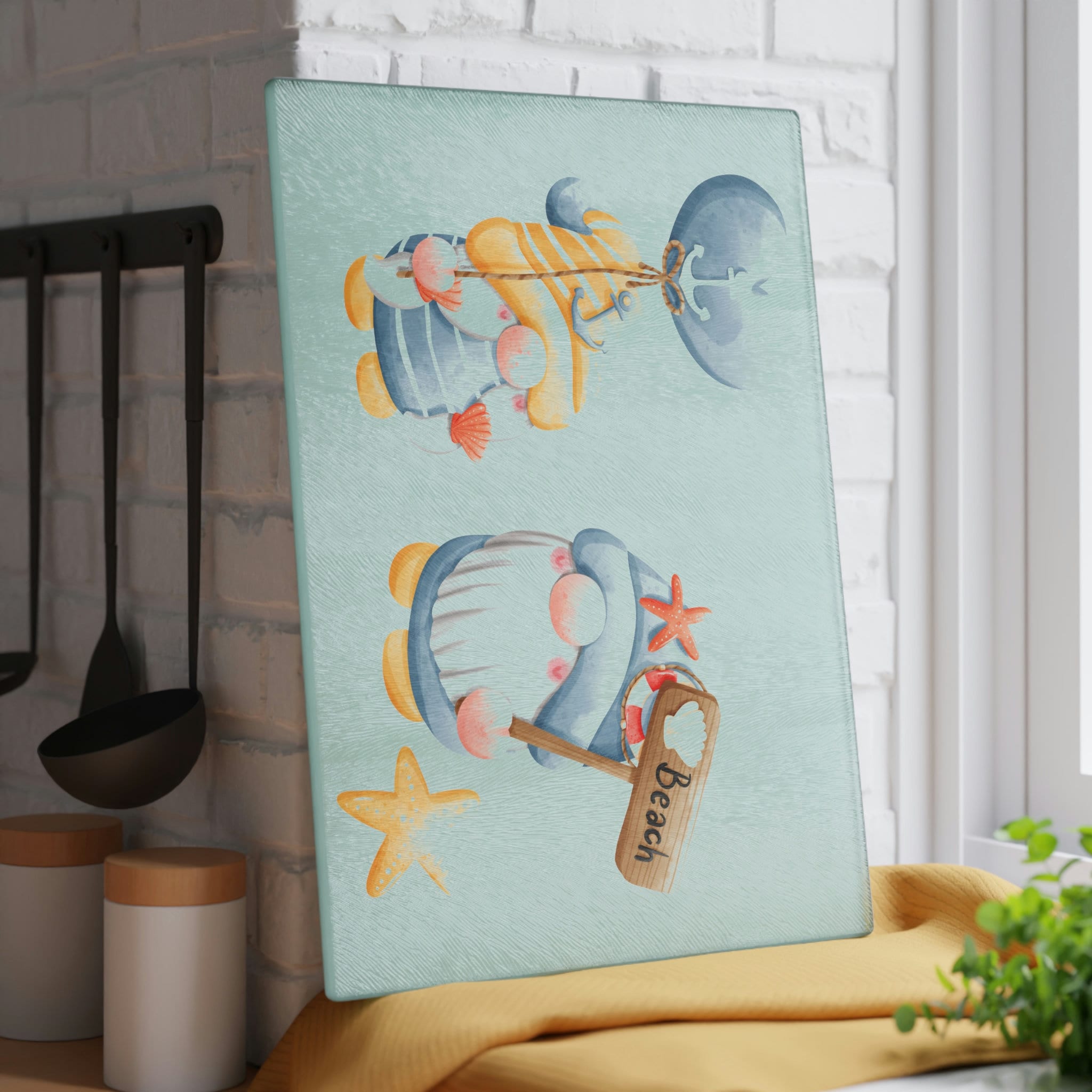 Gnome Glass Cutting Board, Gnomes Cutting Board, Beach Gnomes, Nautical