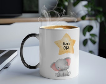 Gender Reveal Coffee Mug  It's A GIRL, Baby Elephant Expectant Parents Reveal Magic Morphing Mug, 11oz
