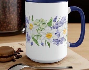 Hydrangea and Daffodils Coffee Mug, 15oz  Pretty Flowers Daffodil Spring Flowers Coffee Mug Cup