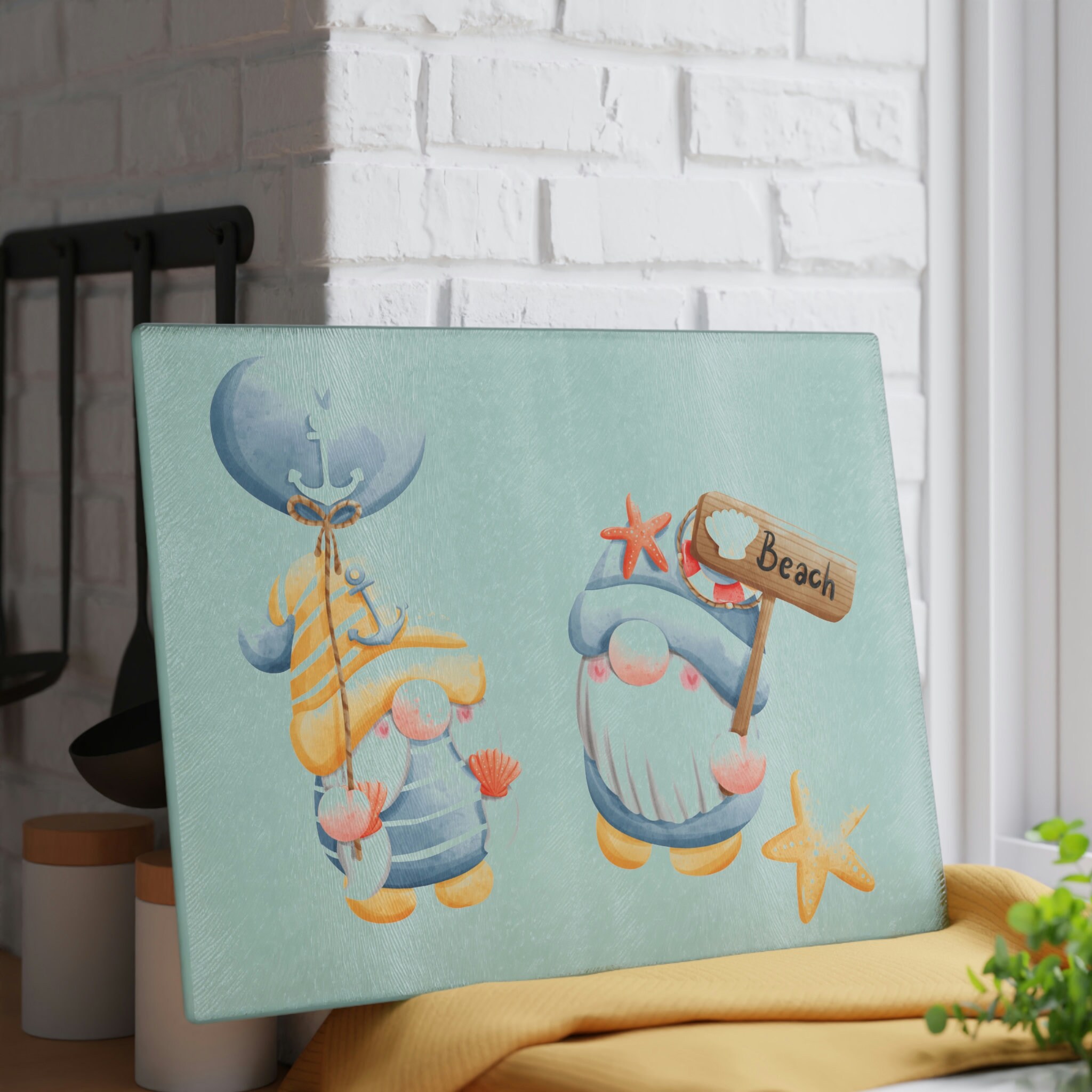 Gnome Glass Cutting Board, Gnomes Cutting Board, Beach Gnomes, Nautical