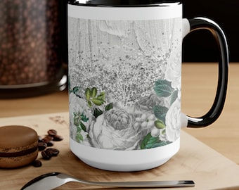 White Roses Coffee Mug: Silver Floral Design, 15oz