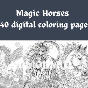Magic Horses Digital Coloring Pages, Unicorn and Pegasi Fantasy Digital Images, Instant Download, Printable PDF, Adult Coloring Pages