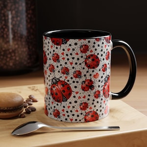 Mug, Cute Lady Bug Wrap Around Coffee Cup, Gift for Gardeners, Ladybug Lover, Bug Enthusiast, Red Beetle Design, Spring Decor, 15oz