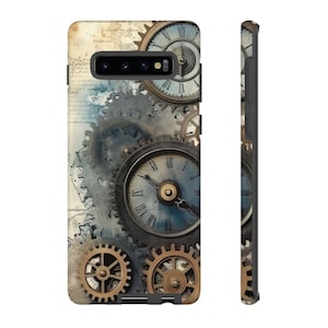 May include: A phone case with a steampunk design featuring gears, clock faces, and a map background. The case is made of a hard plastic material and has a black border.