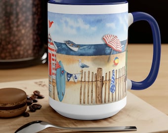 Ocean Beach Scene Coffee Mug, Nautical Gift, Vacation House, Beach Lovers Coffee Mug, Nautical Coffee Mug, Coastal Mug, Coastal Decor