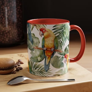 Tropical Parrot Coffee Mug ,Pretty Tropical Design, Gift for Coffee Lovers, Tea Cup, Home Office Decor, Parrot Gift, Tropical Coffee Mug