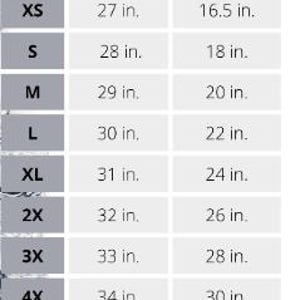 May include: Size chart showing measurements for various sizes of clothing. Length measurements range from 27 inches to 34 inches, and width measurements range from 16.5 inches to 30 inches. The text "Fits true to size" is at the bottom.