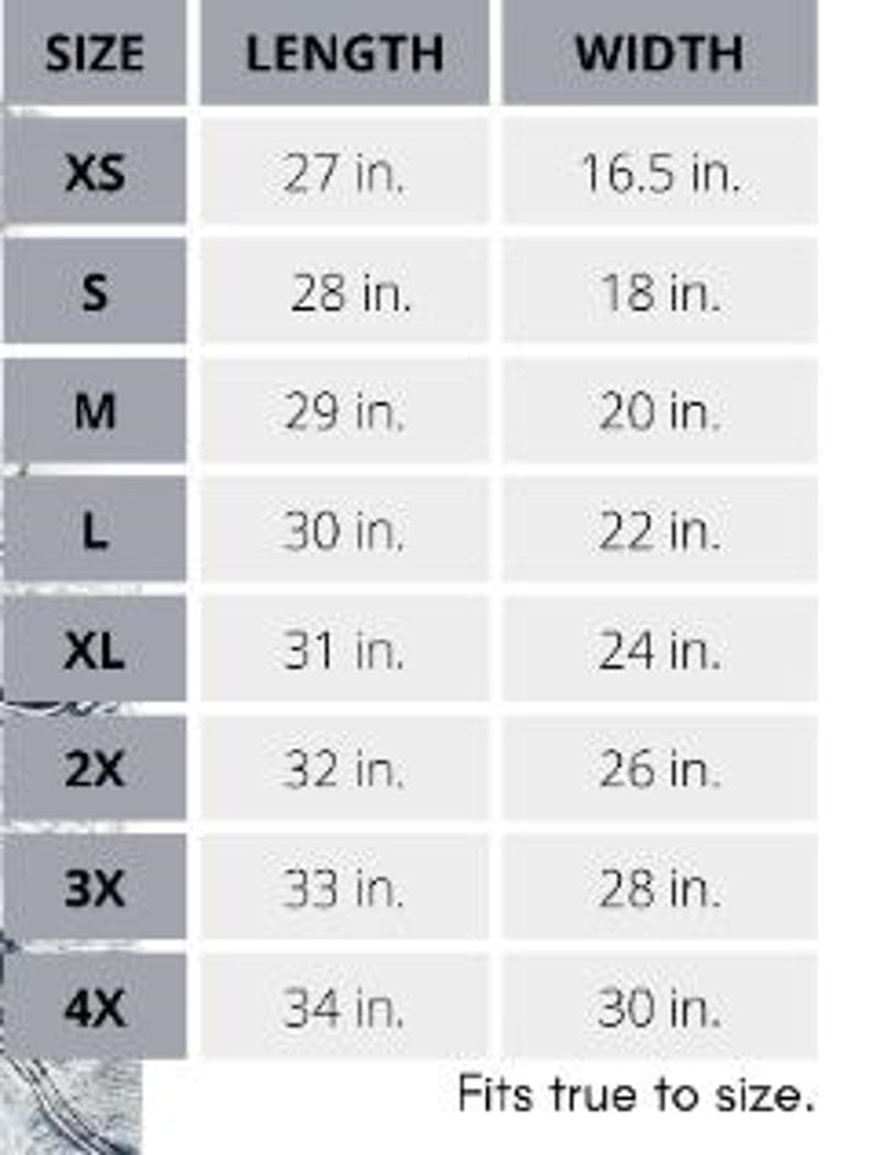 May include: Size chart showing measurements for various sizes of clothing. Length measurements range from 27 inches to 34 inches, and width measurements range from 16.5 inches to 30 inches. The text "Fits true to size" is at the bottom.