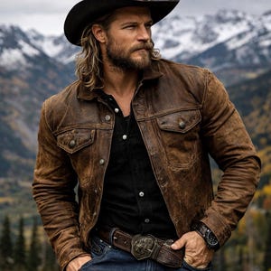 May include: A brown leather jacket with a classic design, featuring two chest pockets and button closures. The jacket is worn over a black shirt and paired with a black cowboy hat and a belt with a decorative buckle. The background shows a mountain range.