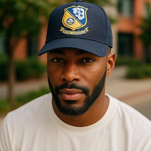 May include: Navy blue baseball cap featuring a shield emblem with yellow and white accents, and the text "BLUE ANGELS". The cap has a curved brim and a structured crown. The cap is worn by a person.