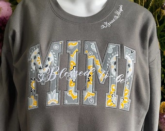 MIMI applique sweatshirt Mother's Day gift for Mom on Birthdays Custom made Gilden Sweatshirts 16 colors embroidery names neckline, sleeve.