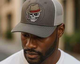 Unique cap Skull Cigar Fedora Embroidery Stand out Premium Quality Style Statement Gift bad ass Richardson custom Trucker hat, trucker cap